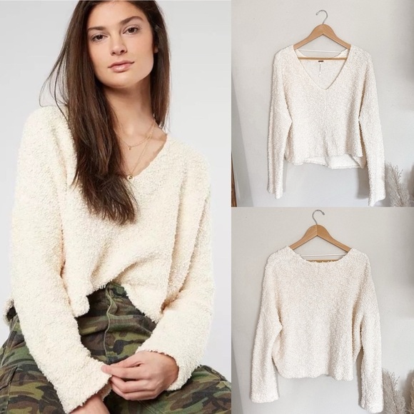 Free People | Cream Textured Knit Cropped Boxy Popcorn Pullover - Picture 1 of 15